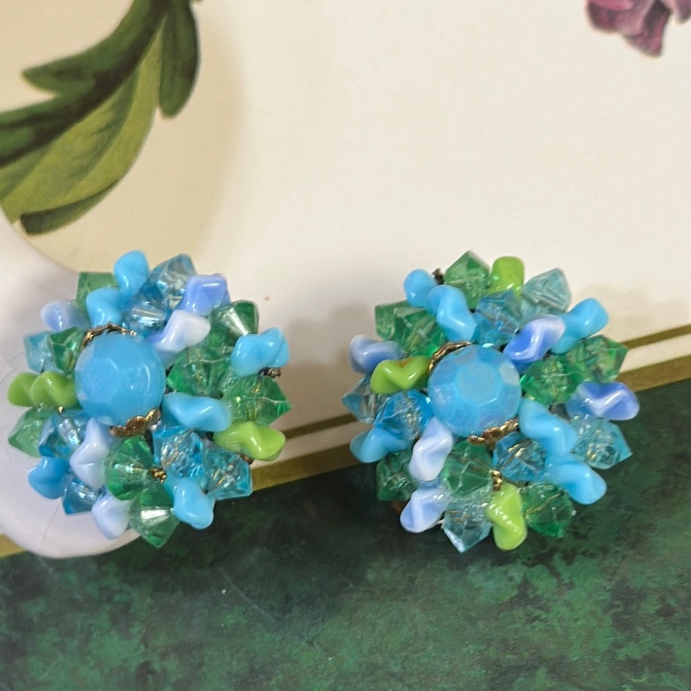 Germany Vintage Blue & Green Glass & Lucie Beaded clip Earrings